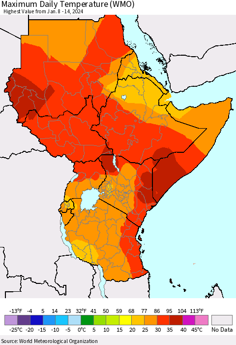 Eastern Africa Maximum Daily Temperature (WMO) Thematic Map For 1/8/2024 - 1/14/2024