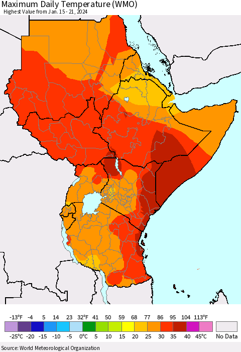 Eastern Africa Maximum Daily Temperature (WMO) Thematic Map For 1/15/2024 - 1/21/2024