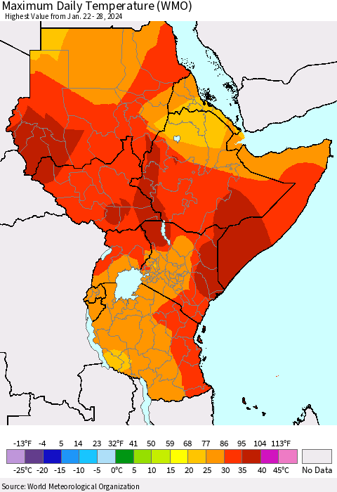 Eastern Africa Maximum Daily Temperature (WMO) Thematic Map For 1/22/2024 - 1/28/2024