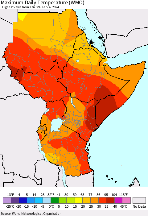 Eastern Africa Maximum Daily Temperature (WMO) Thematic Map For 1/29/2024 - 2/4/2024