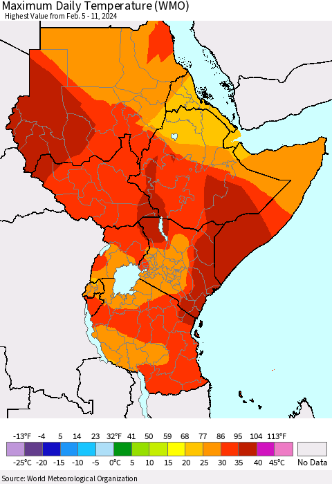 Eastern Africa Maximum Daily Temperature (WMO) Thematic Map For 2/5/2024 - 2/11/2024