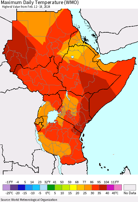 Eastern Africa Maximum Daily Temperature (WMO) Thematic Map For 2/12/2024 - 2/18/2024