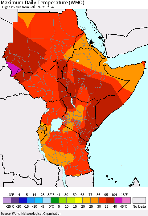 Eastern Africa Maximum Daily Temperature (WMO) Thematic Map For 2/19/2024 - 2/25/2024