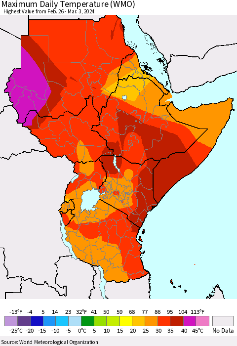 Eastern Africa Maximum Daily Temperature (WMO) Thematic Map For 2/26/2024 - 3/3/2024
