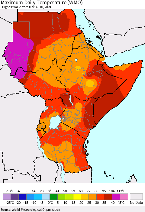 Eastern Africa Maximum Daily Temperature (WMO) Thematic Map For 3/4/2024 - 3/10/2024