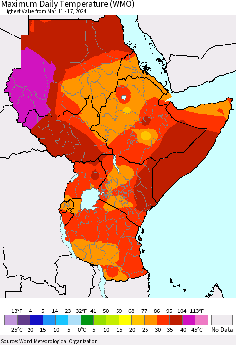 Eastern Africa Maximum Daily Temperature (WMO) Thematic Map For 3/11/2024 - 3/17/2024