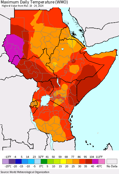 Eastern Africa Maximum Daily Temperature (WMO) Thematic Map For 3/18/2024 - 3/24/2024