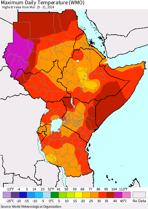 Eastern Africa Maximum Daily Temperature (WMO) Thematic Map For 3/25/2024 - 3/31/2024