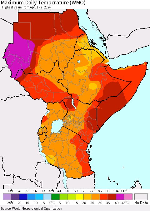 Eastern Africa Maximum Daily Temperature (WMO) Thematic Map For 4/1/2024 - 4/7/2024