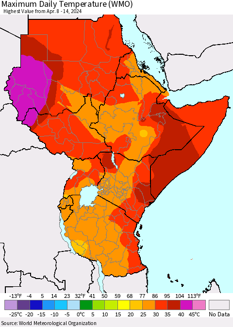 Eastern Africa Maximum Daily Temperature (WMO) Thematic Map For 4/8/2024 - 4/14/2024