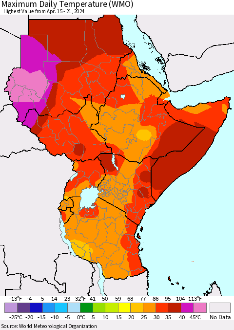 Eastern Africa Maximum Daily Temperature (WMO) Thematic Map For 4/15/2024 - 4/21/2024