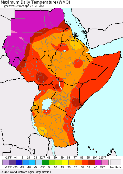 Eastern Africa Maximum Daily Temperature (WMO) Thematic Map For 4/22/2024 - 4/28/2024