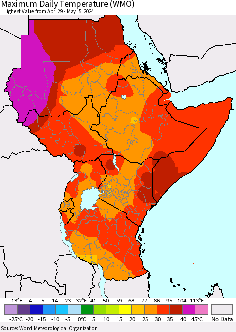 Eastern Africa Maximum Daily Temperature (WMO) Thematic Map For 4/29/2024 - 5/5/2024