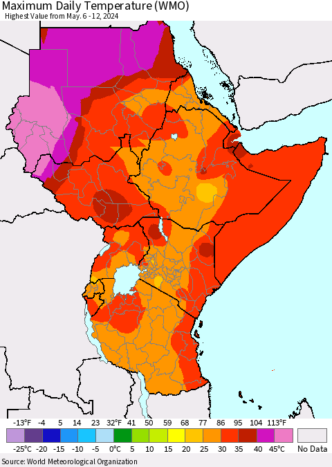 Eastern Africa Maximum Daily Temperature (WMO) Thematic Map For 5/6/2024 - 5/12/2024