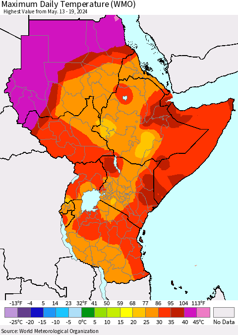 Eastern Africa Maximum Daily Temperature (WMO) Thematic Map For 5/13/2024 - 5/19/2024