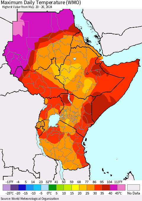 Eastern Africa Maximum Daily Temperature (WMO) Thematic Map For 5/20/2024 - 5/26/2024