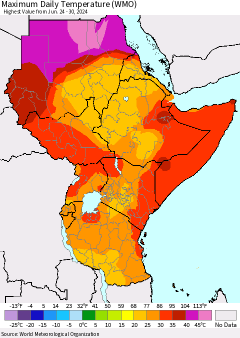 Eastern Africa Maximum Daily Temperature (WMO) Thematic Map For 6/24/2024 - 6/30/2024