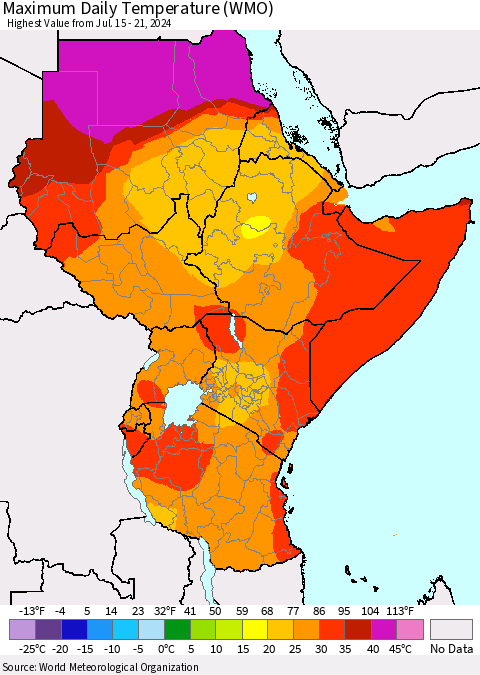 Eastern Africa Maximum Daily Temperature (WMO) Thematic Map For 7/15/2024 - 7/21/2024