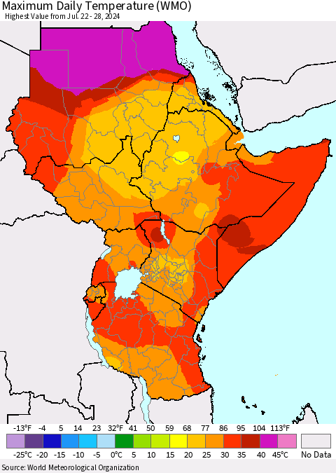 Eastern Africa Maximum Daily Temperature (WMO) Thematic Map For 7/22/2024 - 7/28/2024