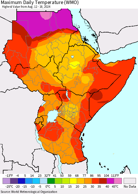 Eastern Africa Maximum Daily Temperature (WMO) Thematic Map For 8/12/2024 - 8/18/2024