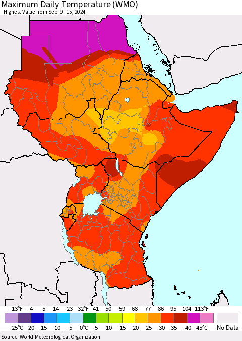 Eastern Africa Maximum Daily Temperature (WMO) Thematic Map For 9/9/2024 - 9/15/2024