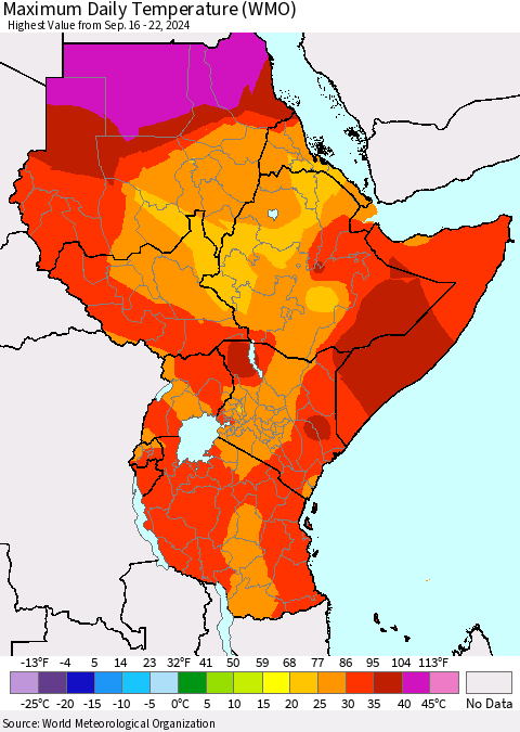 Eastern Africa Maximum Daily Temperature (WMO) Thematic Map For 9/16/2024 - 9/22/2024