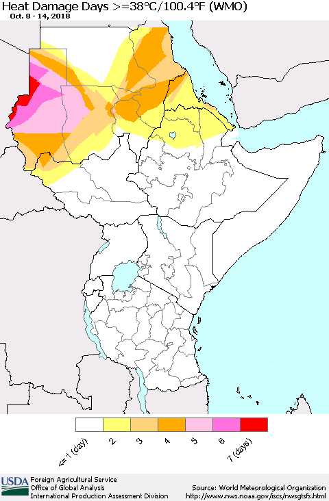 Eastern Africa Heat Damage Days >=38°C/100°F (WMO) Thematic Map For 10/8/2018 - 10/14/2018
