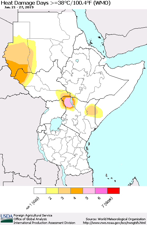 Eastern Africa Heat Damage Days >=38°C/100°F (WMO) Thematic Map For 1/21/2019 - 1/27/2019