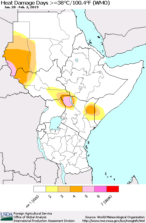 Eastern Africa Heat Damage Days >=38°C/100°F (WMO) Thematic Map For 1/28/2019 - 2/3/2019