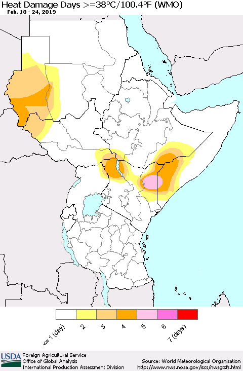 Eastern Africa Heat Damage Days >=38°C/100°F (WMO) Thematic Map For 2/18/2019 - 2/24/2019