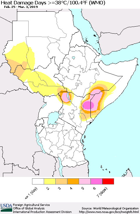 Eastern Africa Heat Damage Days >=38°C/100°F (WMO) Thematic Map For 2/25/2019 - 3/3/2019