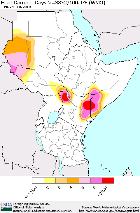 Eastern Africa Heat Damage Days >=38°C/100°F (WMO) Thematic Map For 3/4/2019 - 3/10/2019