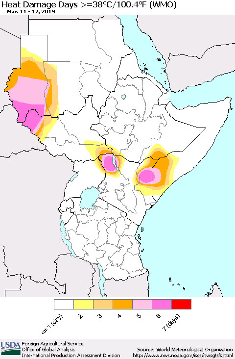 Eastern Africa Heat Damage Days >=38°C/100°F (WMO) Thematic Map For 3/11/2019 - 3/17/2019