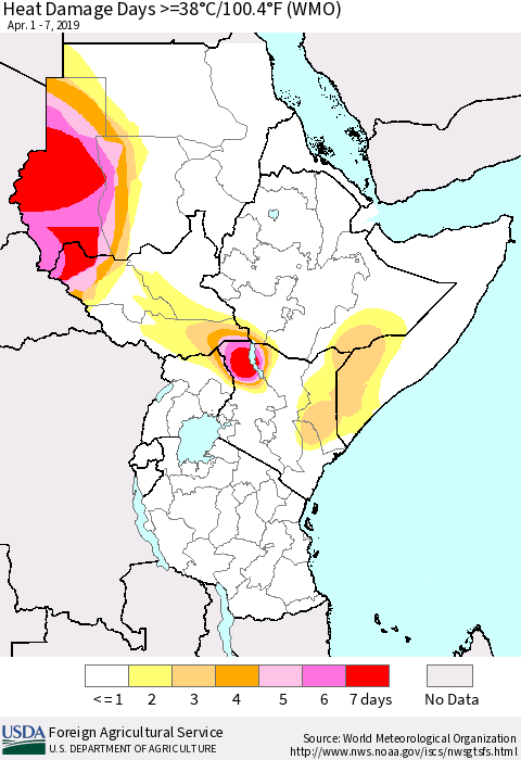Eastern Africa Heat Damage Days >=38°C/100°F (WMO) Thematic Map For 4/1/2019 - 4/7/2019