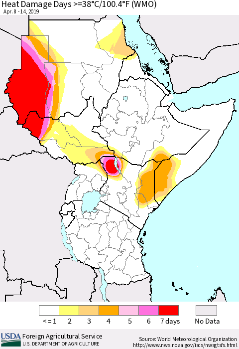 Eastern Africa Heat Damage Days >=38°C/100°F (WMO) Thematic Map For 4/8/2019 - 4/14/2019