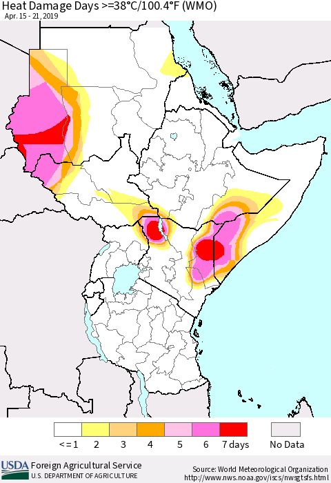 Eastern Africa Heat Damage Days >=38°C/100°F (WMO) Thematic Map For 4/15/2019 - 4/21/2019