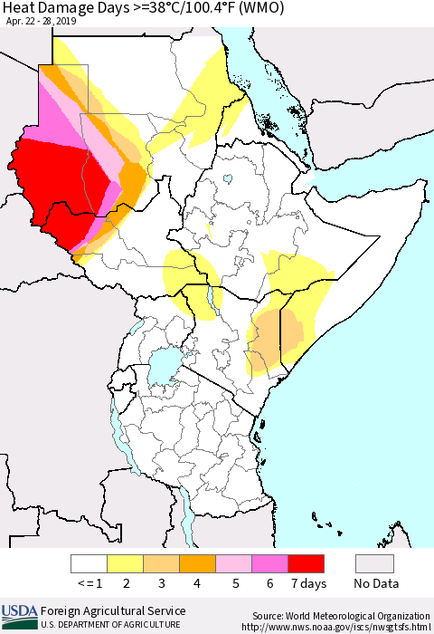 Eastern Africa Heat Damage Days >=38°C/100°F (WMO) Thematic Map For 4/22/2019 - 4/28/2019