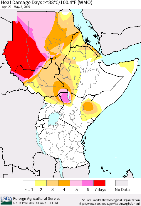 Eastern Africa Heat Damage Days >=38°C/100°F (WMO) Thematic Map For 4/29/2019 - 5/5/2019