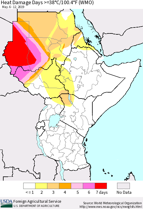 Eastern Africa Heat Damage Days >=38°C/100°F (WMO) Thematic Map For 5/6/2019 - 5/12/2019