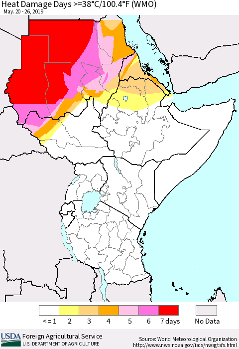 Eastern Africa Heat Damage Days >=38°C/100°F (WMO) Thematic Map For 5/20/2019 - 5/26/2019