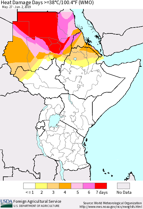 Eastern Africa Heat Damage Days >=38°C/100°F (WMO) Thematic Map For 5/27/2019 - 6/2/2019