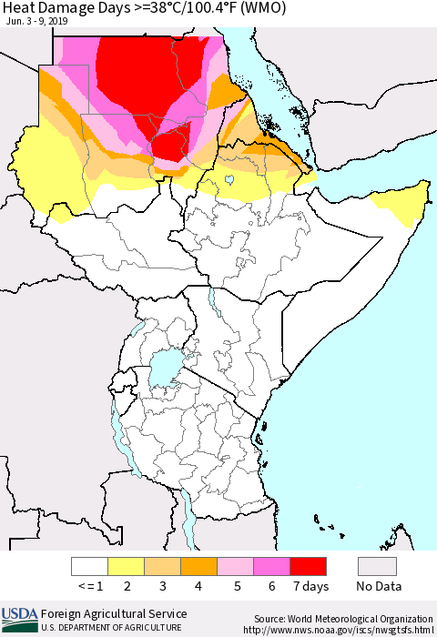 Eastern Africa Heat Damage Days >=38°C/100°F (WMO) Thematic Map For 6/3/2019 - 6/9/2019