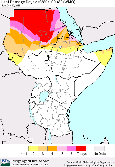 Eastern Africa Heat Damage Days >=38°C/100°F (WMO) Thematic Map For 6/24/2019 - 6/30/2019