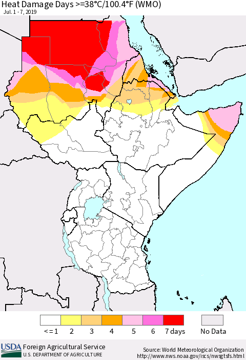 Eastern Africa Heat Damage Days >=38°C/100°F (WMO) Thematic Map For 7/1/2019 - 7/7/2019