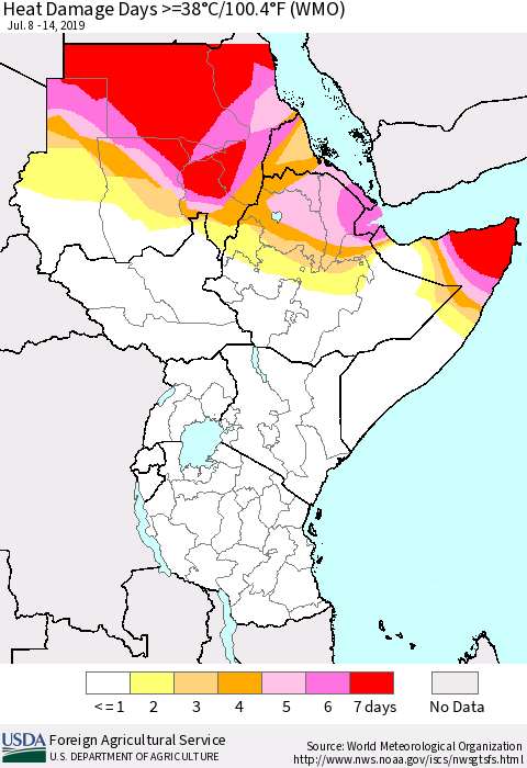 Eastern Africa Heat Damage Days >=38°C/100°F (WMO) Thematic Map For 7/8/2019 - 7/14/2019