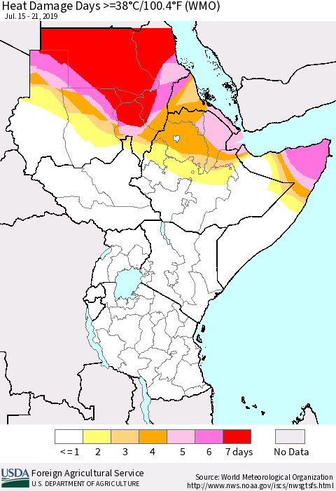 Eastern Africa Heat Damage Days >=38°C/100°F (WMO) Thematic Map For 7/15/2019 - 7/21/2019