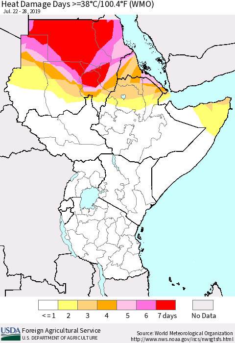 Eastern Africa Heat Damage Days >=38°C/100°F (WMO) Thematic Map For 7/22/2019 - 7/28/2019