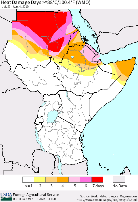 Eastern Africa Heat Damage Days >=38°C/100°F (WMO) Thematic Map For 7/29/2019 - 8/4/2019