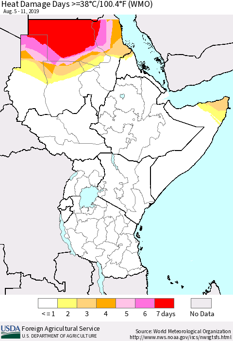 Eastern Africa Heat Damage Days >=38°C/100°F (WMO) Thematic Map For 8/5/2019 - 8/11/2019