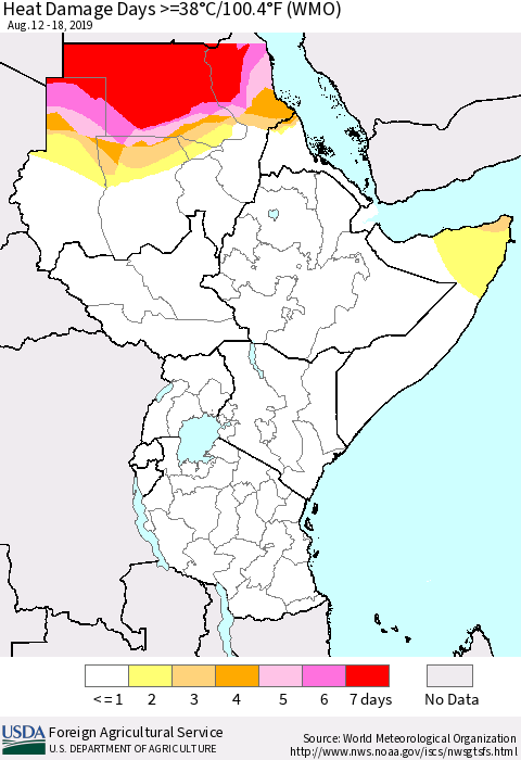 Eastern Africa Heat Damage Days >=38°C/100°F (WMO) Thematic Map For 8/12/2019 - 8/18/2019